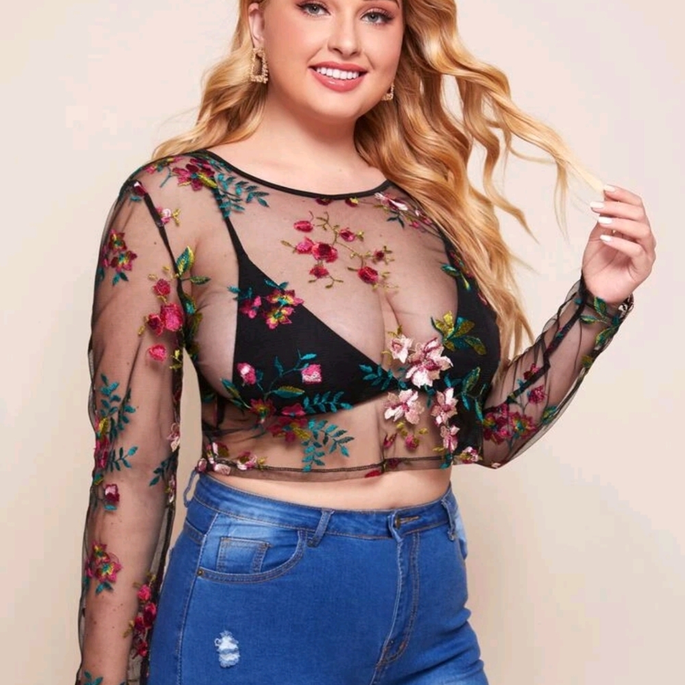 Shein • Worn ONCE • Black Sheer Mesh Floral Embroidered Crop Top 2X (16)